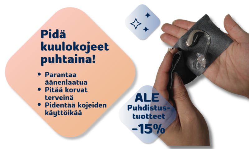 Kuulokojeiden puhdistustuotteet kotihuoltoihin ALE -15%. Bernafon kuulokojeet kädessä puhdistuliinan päällä. Puhtaiden kuulokojeiden hyödyt käyttäjälle.