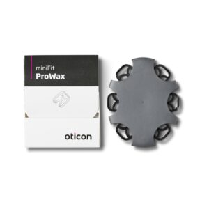 Oticon miniFit Prowax vahasuojien tuotepakkaus ja vahasuojan vaihtotyökalu